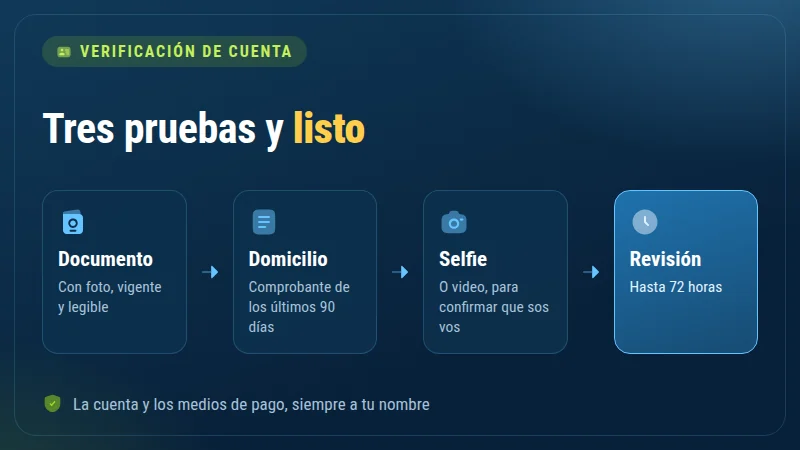 Verificación en 1xBet: documento, comprobante de domicilio y selfie, revisión de hasta 72 horas